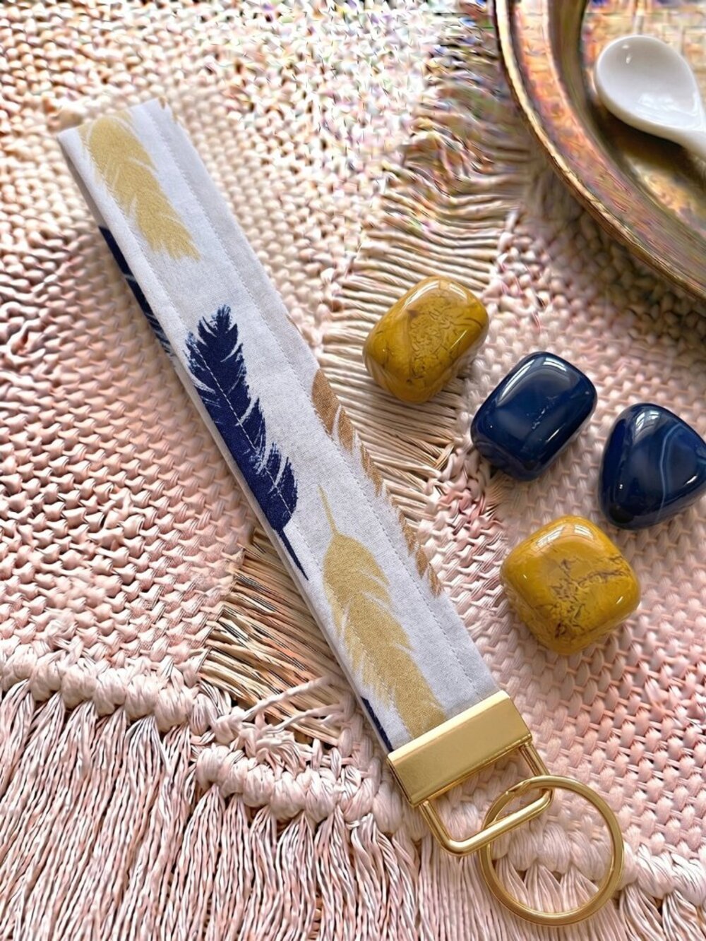 New Handmade Boho Navy Blue Gold Feather Print Fabric Key Fob Wristlet Keychain